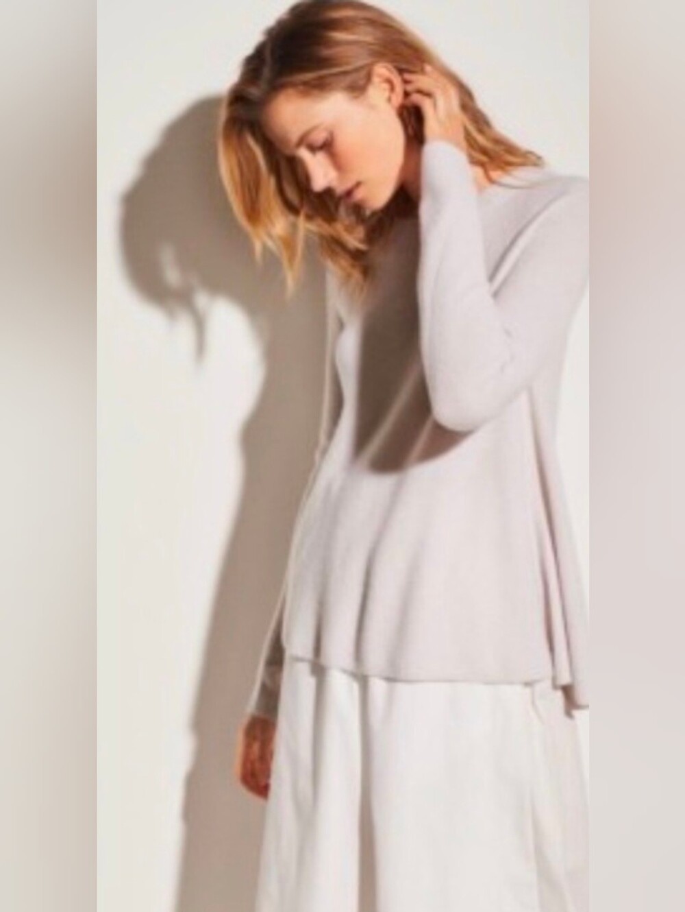 VINCE 100% Cashmere Light Grey Ribbed Yoke Boatneck Swing Sweater XS Soft Luxe